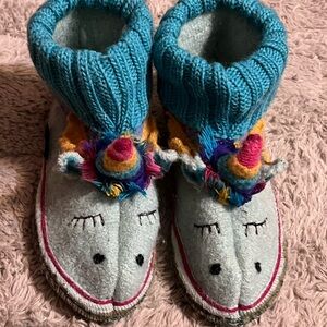 Garnet Hill Unicorn Knit Slippers with Blue Accents